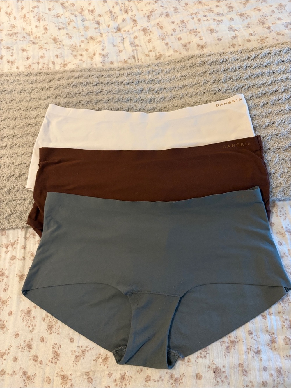 Danskin Seamless Knit Hipster Panty Trio in White, Brown & Steel Blue